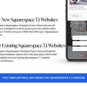 May include: A smartphone displays a website design with a real estate theme. Text on the screen includes "Listing address could go here" and a form to sign up for local insights. The image also contains text about Squarespace 7.1 websites.