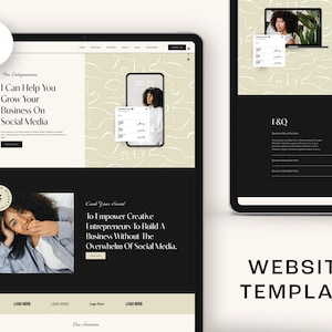 May include: Website template for social media managers. The template features a black and white color scheme with a minimalist design. The text on the website reads "You Entigaroness", "I Can Help You Grow Your Business On Social Media", "Crush Your Social", "To Empower Creative Entrepreneurs To Build A Business Without The Overwhelm Of Social Media", "F&Q", and "How It".
