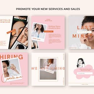May include: A collage of pink and white social media graphics with text that reads "Portfolio Showcase", "Hiring Cosmetician", "Free Webinar", "Webinar Name Would Go Here", "Last Minute Appointment", and "We Are Hiring Assistant".