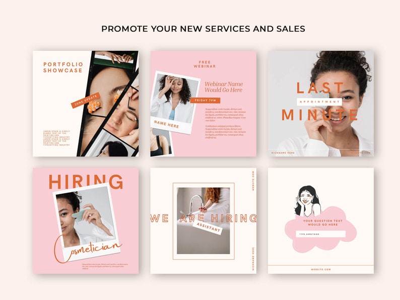 May include: A collage of pink and white social media graphics with text that reads "Portfolio Showcase", "Hiring Cosmetician", "Free Webinar", "Webinar Name Would Go Here", "Last Minute Appointment", and "We Are Hiring Assistant".