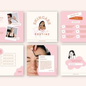 May include: A pink and white social media graphic with six squares. The squares contain text and images related to skincare and makeup. The text includes "Join us live", "Skincare Routine", "Make Up Tips", "Quiz Name Here", "Amazing!" and "Your Question Text Would Go Here".