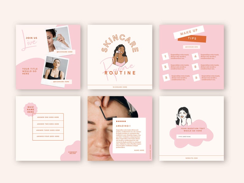 May include: A pink and white social media graphic with six squares. The squares contain text and images related to skincare and makeup. The text includes "Join us live", "Skincare Routine", "Make Up Tips", "Quiz Name Here", "Amazing!" and "Your Question Text Would Go Here".