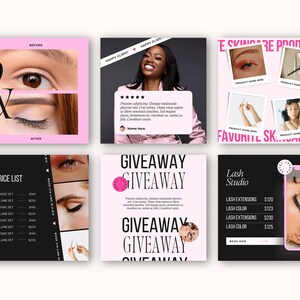 May include: A collage of six Instagram posts promoting a lash studio. The first post shows a before and after photo of a person's eye with eyelash extensions. The second post shows a happy customer review. The third post shows a variety of skincare products. The fourth post shows a price list for lash extensions. The fifth post announces a giveaway. The sixth post shows a phone with a close-up of a person's eye with eyelash extensions.