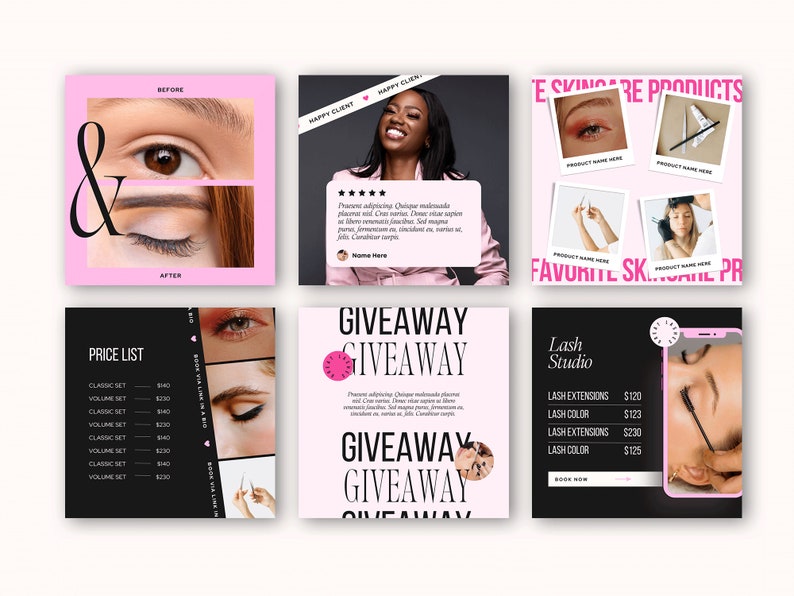 May include: A collage of six Instagram posts promoting a lash studio. The first post shows a before and after photo of a person's eye with eyelash extensions. The second post shows a happy customer review. The third post shows a variety of skincare products. The fourth post shows a price list for lash extensions. The fifth post announces a giveaway. The sixth post shows a phone with a close-up of a person's eye with eyelash extensions.