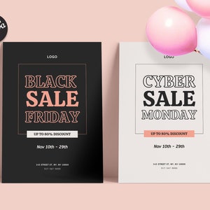 May include: Two black and white sale posters with pink text. The left poster says "Black Sale Friday" with the text "Up to 80% Discount" and "Nov 10th - 29th". The right poster says "Cyber Sale Monday" with the text "Up to 80% Discount" and "Nov 10th - 29th".