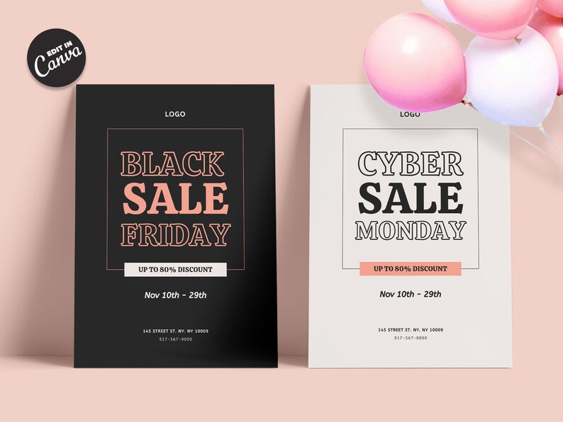 May include: Two black and white sale posters with pink text. The left poster says "Black Sale Friday" with the text "Up to 80% Discount" and "Nov 10th - 29th". The right poster says "Cyber Sale Monday" with the text "Up to 80% Discount" and "Nov 10th - 29th".