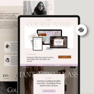 Puede incluir: Una plantilla de curso de marketing digital que se muestra en una tableta, un ordenador portátil y una pantalla de ordenador. El diseño presenta una estética limpia y moderna con una paleta de colores neutros. El texto incluye "COURSE NAME" y "Summarize What Your Course Is About".