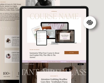 Op de afbeelding: Een sjabloon voor een digitale marketingcursus weergegeven op een tablet, laptop en computerscherm. Het ontwerp heeft een strakke, moderne esthetiek met een neutraal kleurenpalet. De tekst bevat "COURSE NAME" en "Summarize What Your Course Is About".