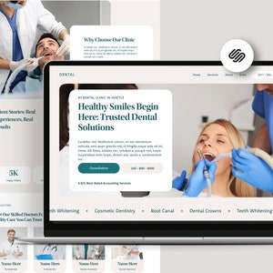 Op de afbeelding: Een website-homepage voor een tandartspraktijk in Seattle, Washington. De website toont een foto van een tandarts die aan de tanden van een patiënt werkt. De tekst op de website luidt "Healthy Smiles Begin Here: Trusted Dental Solutions".