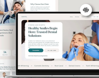 Könnte beinhalten: Eine Website-Startseite für eine Zahnklinik in Seattle, Washington. Die Website zeigt ein Foto eines Zahnarztes, der an den Zähnen eines Patienten arbeitet. Der Text auf der Website lautet "Healthy Smiles Begin Here: Trusted Dental Solutions".
