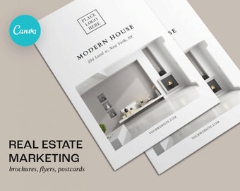 May include: A white brochure with a modern house interior photo and the text "MODERN HOUSE 234 Land st, New York, NY" and "REAL ESTATE MARKETING brochures, flyers, postcards" and "YOURWEBSITE.COM".