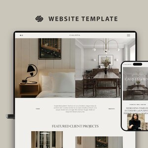 May include: A website template displayed on a laptop and smartphone. The website showcases interior design projects with images of rooms and furniture. The text "WEBSITE TEMPLATE" is at the top, and the website name is "CALISTA".
