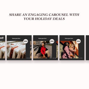 May include: A carousel of four images promoting a holiday sale. The first image shows a rack of clothing with the text "20% off" and "Shop for Deals". The second image shows a rack of clothing with the text "Name goes here" and "$60". The third image shows two people wearing stylish clothing with the text "Name goes here" and "$80". The fourth image shows two people wearing stylish clothing with the text "Name goes here" and "$90". The last image is black with the text "Shop Now" and "WEBSITE.COM".