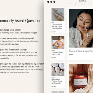 May include: A website screenshot showing a list of frequently asked questions about a Squarespace website template. The questions and answers are displayed in a simple, easy-to-read format. The website template is designed for beauty and wellness businesses.