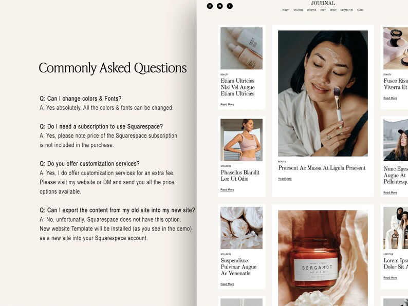 May include: A website screenshot showing a list of frequently asked questions about a Squarespace website template. The questions and answers are displayed in a simple, easy-to-read format. The website template is designed for beauty and wellness businesses.