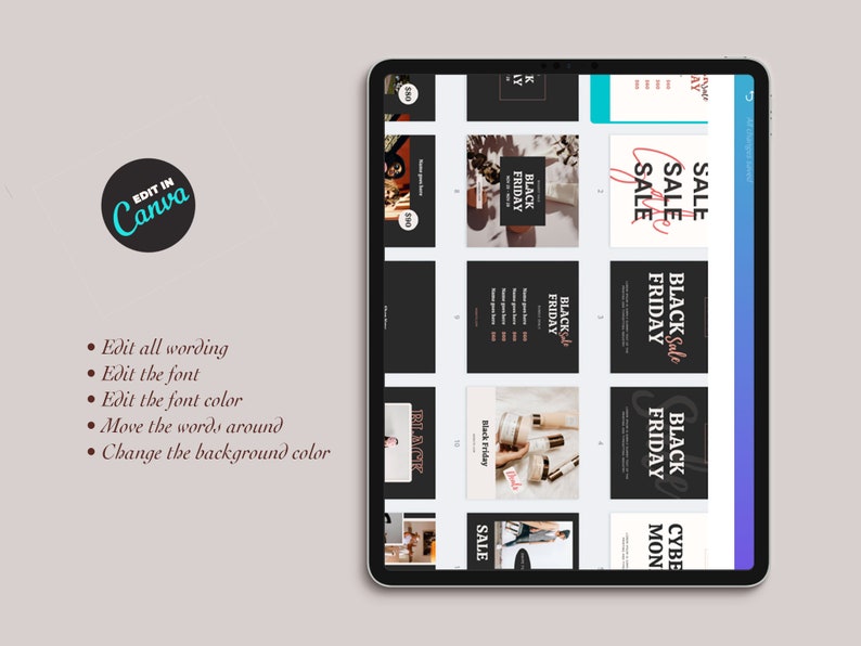May include: A tablet screen displaying a Canva template for social media posts. The template features a black background with white text that says "Black Friday Sale". The template is designed to be used for promoting sales and discounts during the Black Friday shopping season.