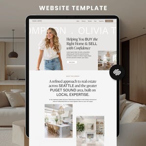 Könnte beinhalten: Ein Tablet zeigt eine Website-Vorlage mit dem Text "WEBSITE TEMPLATE" oben. Die Website zeigt ein Foto einer Frau und den Text "Helping You BUY the Right Home & SELL with Confidence". Die Website ist für Immobilien.