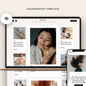 May include: A laptop computer displaying a website with a journal theme. The website features images of beauty products and lifestyle content. The text on the website reads "JOURNAL" and "Read More".
