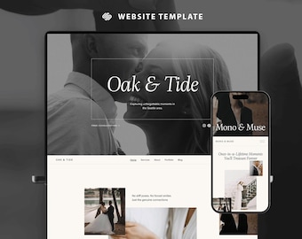 May include: A website template displayed on a laptop and smartphone. The website design features the text "Oak & Tide" and "Mono & Muse" with images of a couple. The words "WEBSITE TEMPLATE" are at the top.