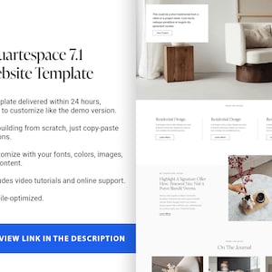 K&ouml;nnte beinhalten: Eine Website-Vorlage f&uuml;r Squarespace 7.1 mit minimalistischem Design und Fokus auf Inneneinrichtung. Die Vorlage enth&auml;lt ein Testimonial, einen Call-to-Action und einen Blog-Bereich.