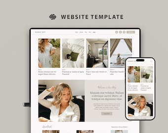 Pode incluir: Um modelo de site exibido em um laptop e smartphone. O site apresenta um layout de blog com imagens e texto. O texto "WEBSITE TEMPLATE" está no topo. O design do site é limpo e moderno.