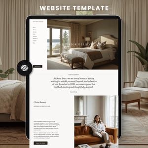 May include: A digital tablet displays a website template with the text "WEBSITE TEMPLATE." The website showcases an interior design studio with images of a bedroom and living room. The text reads "INTERIOR DESIGN STUDIO" and "Claire Bennett."