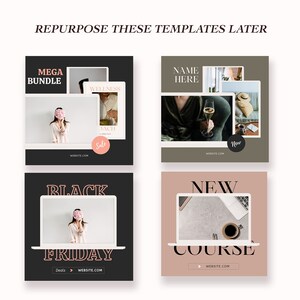 May include: Four social media post templates with a black and white color scheme. The first template has the text "MEGA BUNDLE" and "WELLNESS" and "YACHT" with a pink sale tag. The second template has the text "NAME HERE" and "New". The third template has the text "BLACK FRIDAY" and "Deals" and "WEBSITE.COM". The fourth template has the text "NEW COURSE" and "WEBSITE.COM".