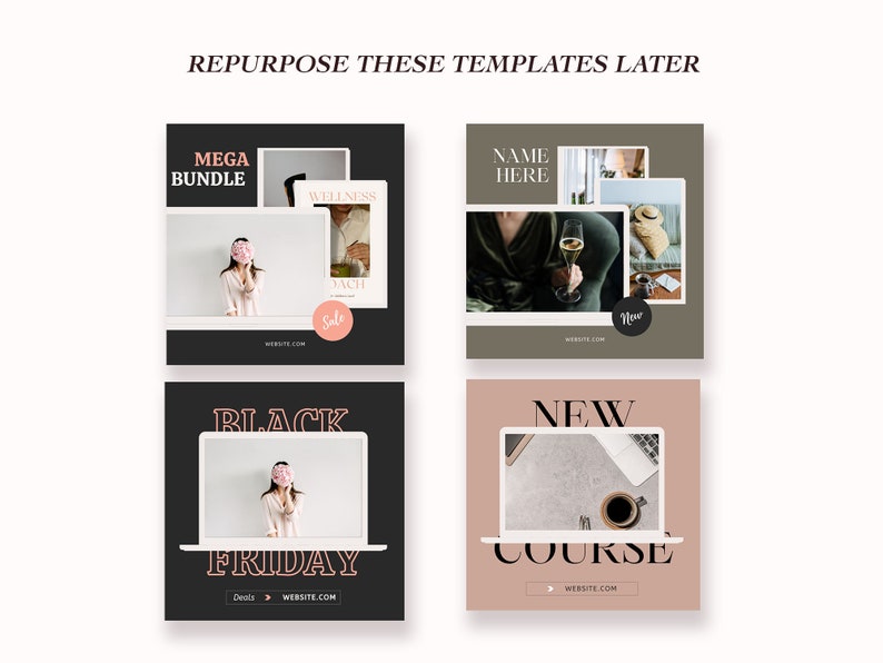 May include: Four social media post templates with a black and white color scheme. The first template has the text "MEGA BUNDLE" and "WELLNESS" and "YACHT" with a pink sale tag. The second template has the text "NAME HERE" and "New". The third template has the text "BLACK FRIDAY" and "Deals" and "WEBSITE.COM". The fourth template has the text "NEW COURSE" and "WEBSITE.COM".