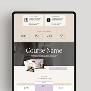 May include: A digital tablet displays a website layout with a light color scheme. The website features sections for client testimonials, statistics, and course details. The text includes "Course Name" and pricing plans.