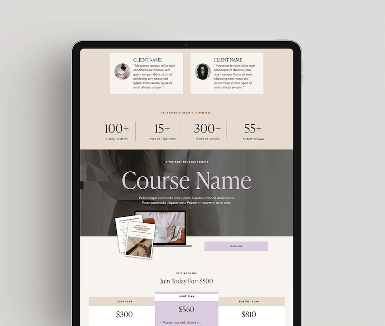 May include: A digital tablet displays a website layout with a light color scheme. The website features sections for client testimonials, statistics, and course details. The text includes "Course Name" and pricing plans.
