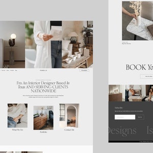 K&ouml;nnte beinhalten: Eine Website-Startseite f&uuml;r einen Innenarchitekten mit Sitz in Texas. Die Website zeigt ein Foto einer Frau in einem wei&szlig;en Hemd und Jeans, ein Foto eines Wohnzimmers und ein Foto eines Schlafzimmers. Die Website enth&auml;lt auch einen Call-to-Action, um ein Projekt zu buchen.