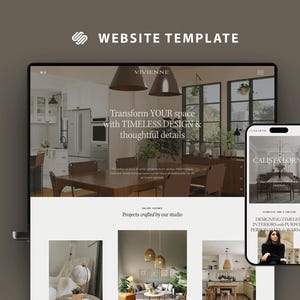 Peut inclure: Un modèle de site web affiché sur un ordinateur portable et un smartphone. Le site web présente des projets de design d'intérieur avec le texte "Transformez VOTRE espace avec un DESIGN INTEMPOREL & des détails réfléchis". Le smartphone affiche "CALISTATORNE".