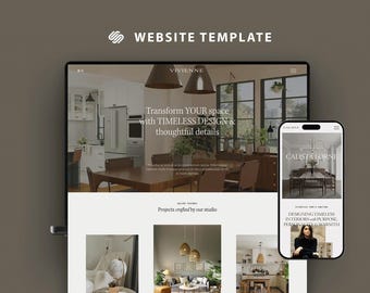 Puede incluir: Una plantilla de sitio web que se muestra en una computadora portátil y un teléfono inteligente. El sitio web presenta proyectos de diseño de interiores con el texto "Transforma TU espacio con DISEÑO ATEMPORAL y detalles reflexivos". El teléfono inteligente muestra "CALISTATORNE".