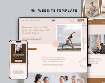 Plantilla de sitio web Squarespace para profesora de estudio de yoga, diseño web minimalista de entrenamiento personal, sitio web de entrenadora de fitness femenina de salud y bienestar.