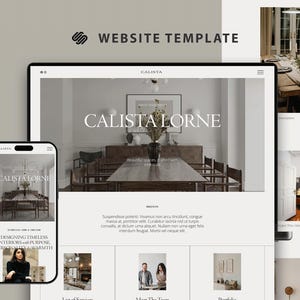 Peut inclure: Une maquette de site web affichée sur un ordinateur de bureau et un appareil mobile. Le site web présente du design d'intérieur avec le texte "CALISTA LORNE". Des images supplémentaires affichent des éléments de design d'intérieur. Le texte "WEBSITE TEMPLATE" est en haut.