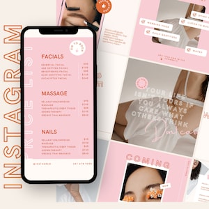 May include: A pink and orange Instagram post with a price list for facials, massages, and nails. The text "Day to Book" is in a circle with a pink background. The text "Your life isn't yours if you always care what others think" is in a pink box with a white background. The text "Coming Soon" is in a pink box with a white background. The text "We are" is in a pink box with a white background.