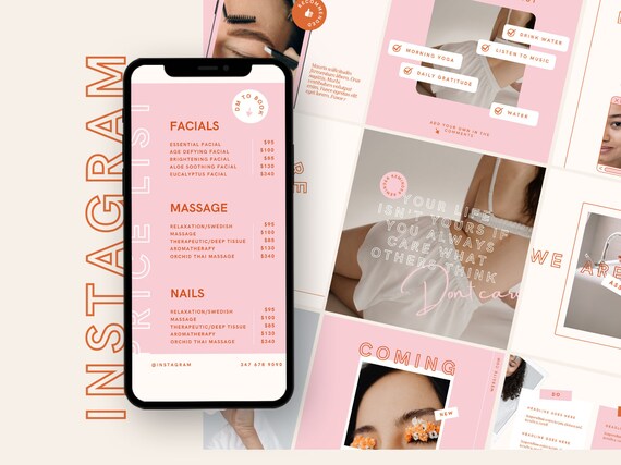 Instagram Price List Template Canva Menu Story Post Service, Social Media Salon Nails Hair Pricing Feminine Skincare Esthetician lashes brow