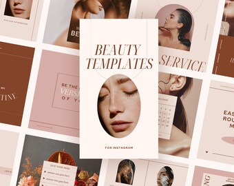May include: A set of social media templates for beauty businesses. The templates feature a pink and brown color scheme with images of women and text that says "Beauty Templates" and "Service".