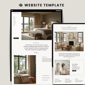 Peut inclure: Un modèle de site web affiché sur un ordinateur portable et une tablette. Le site web présente du contenu de design d'intérieur avec des images de pièces et le texte "WEBSITE TEMPLATE" et "INTERIOR DESIGN".
