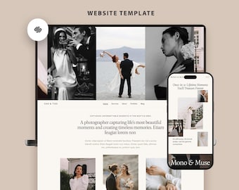 May include: A website template mockup featuring a desktop and mobile display. The desktop shows a website with wedding photos and the text "Oak & Tide". The mobile display shows the text "Mono & Muse". The template includes the text "WEBSITE TEMPLATE".