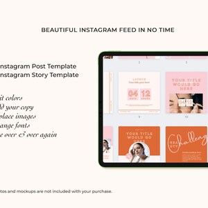May include: A screenshot of a tablet displaying a collection of 78 Instagram post and story templates. The templates feature a pink and orange color scheme with text that reads "LAUNCH", "YOUR TITLE WOULD GO HERE", "CHECKLIST", and "BEAUTY CHALLENGE".