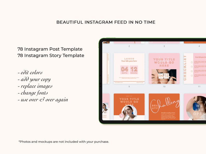 May include: A screenshot of a tablet displaying a collection of 78 Instagram post and story templates. The templates feature a pink and orange color scheme with text that reads "LAUNCH", "YOUR TITLE WOULD GO HERE", "CHECKLIST", and "BEAUTY CHALLENGE".