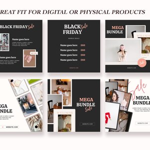 May include: Black Friday sale graphic with a collage of images featuring wellness products, a black and white graphic of a yacht, and a woman wearing a white shirt with a flower on her head. The text "MEGA BUNDLE" is in a pink font with a black outline. The text "Sale" is in a pink font with a black outline. The text "WEBSITE.COM" is in a black font.