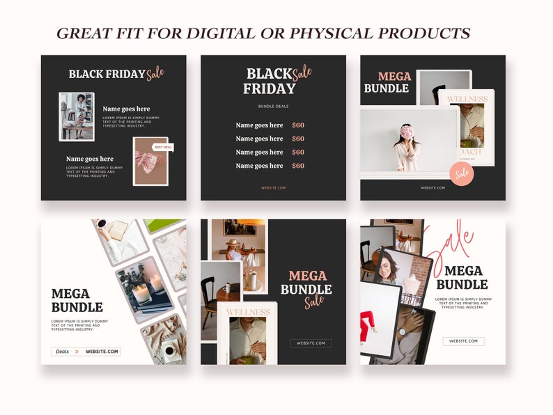 May include: Black Friday sale graphic with a collage of images featuring wellness products, a black and white graphic of a yacht, and a woman wearing a white shirt with a flower on her head. The text "MEGA BUNDLE" is in a pink font with a black outline. The text "Sale" is in a pink font with a black outline. The text "WEBSITE.COM" is in a black font.