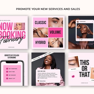 May include: A pink and black graphic design for social media promoting eyelash extensions. The graphic includes text that says "Now Booking February", "Classic", "Hybrid", "Volume", "Benefits of Eyelash Extensions", "Put Together", "Save Time", "No Damage", "Great Lift", "This or That", "Natural", "Lash Extensions", and "Comment Below".