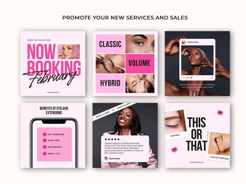May include: A pink and black graphic design for social media promoting eyelash extensions. The graphic includes text that says "Now Booking February", "Classic", "Hybrid", "Volume", "Benefits of Eyelash Extensions", "Put Together", "Save Time", "No Damage", "Great Lift", "This or That", "Natural", "Lash Extensions", and "Comment Below".