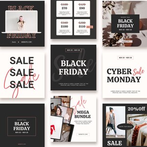 May include: A collection of nine social media posts promoting Black Friday and Cyber Monday sales. The posts feature a variety of designs, including text, images, and graphics. Some of the posts include discounts and sale prices.