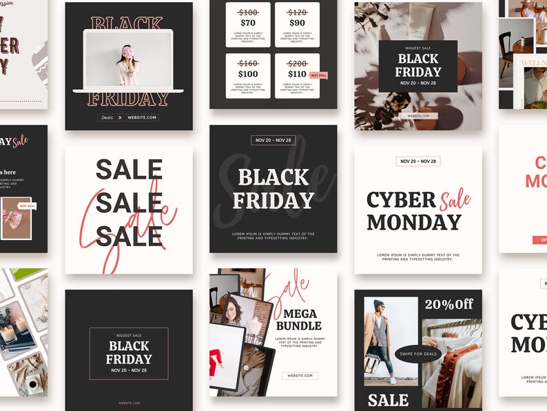 May include: A collection of nine social media posts promoting Black Friday and Cyber Monday sales. The posts feature a variety of designs, including text, images, and graphics. Some of the posts include discounts and sale prices.