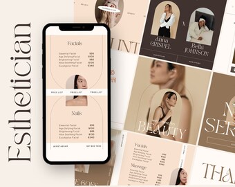May include: A mobile phone screen displaying a price list for facials and nail services. The list includes prices for essential, age-defying, brightening, aloe soothing, and eucalyptus facials. The phone is on a light pink background with the word "Esthetician" in large, bold letters.