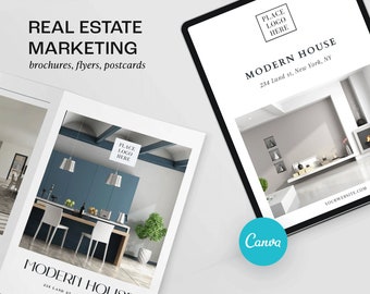 May include: A modern house interior design brochure template with a photo of a kitchen with white cabinets, a blue wall, and a wood countertop. The text "MODERN HOUSE" and "234 Land st. New York, NY" is on the brochure. The text "PLACE LOGO HERE" is in a box on the brochure.